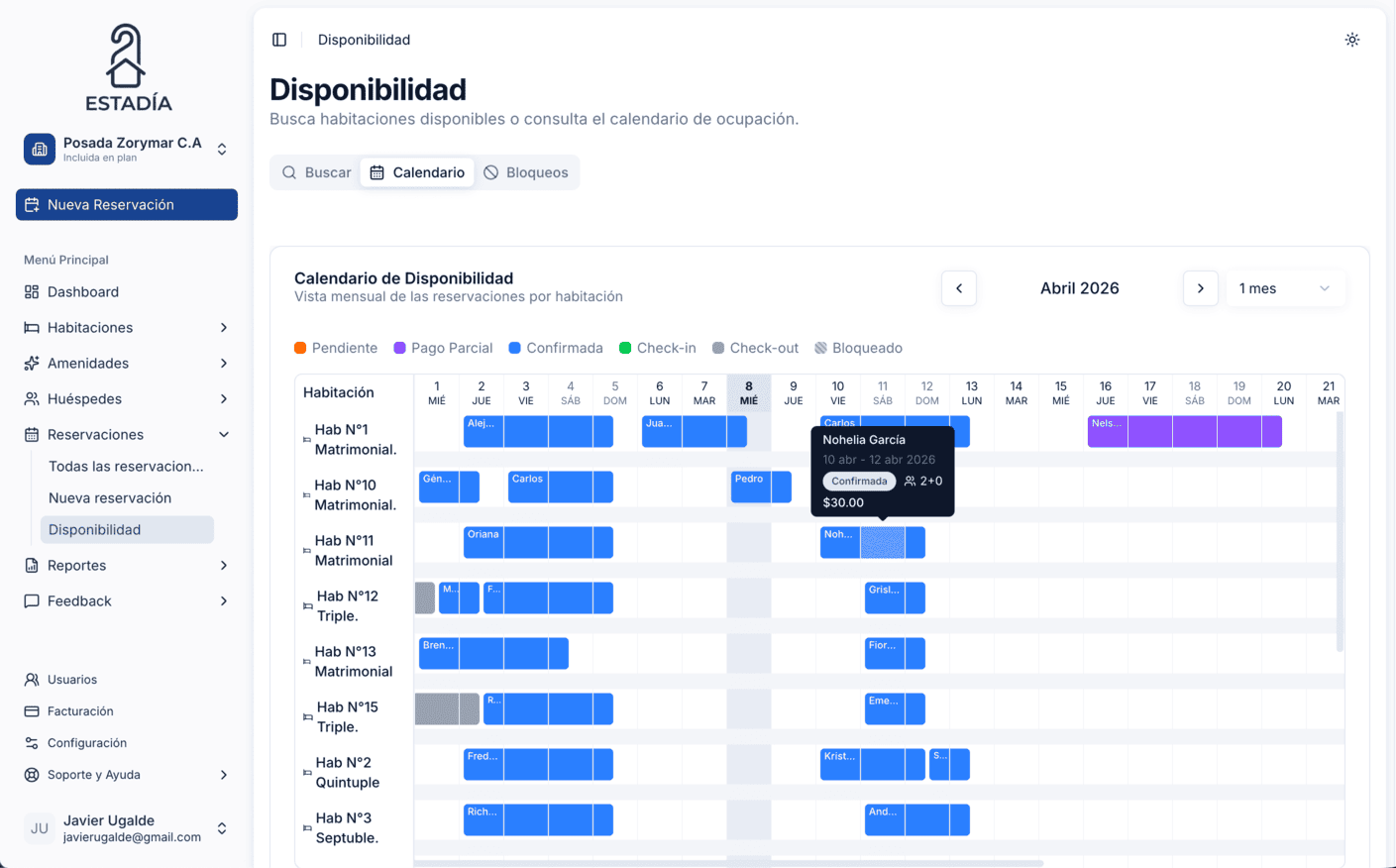 Calendario de disponibilidad
